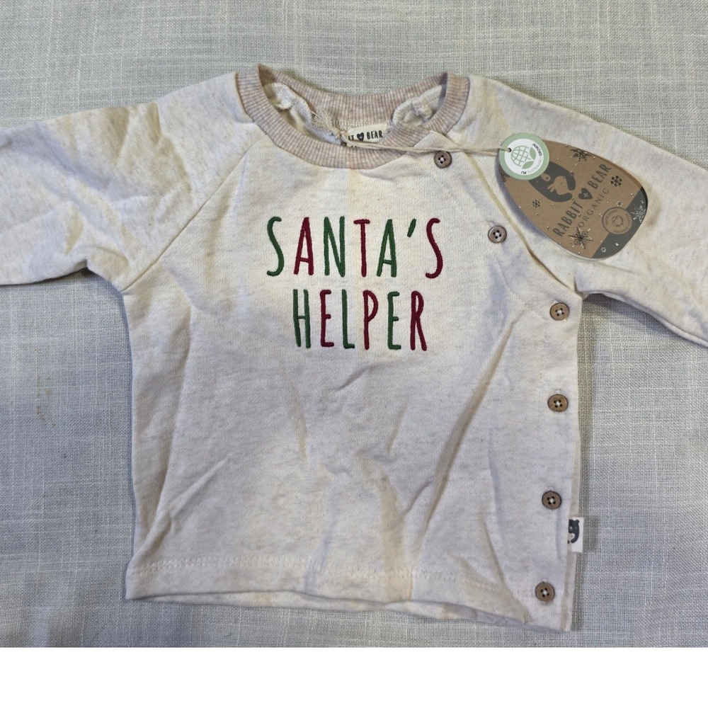 Rabbit + Bear Organic Santa's Helper Christmas Shirt 18M Cream G009D411 NWT
